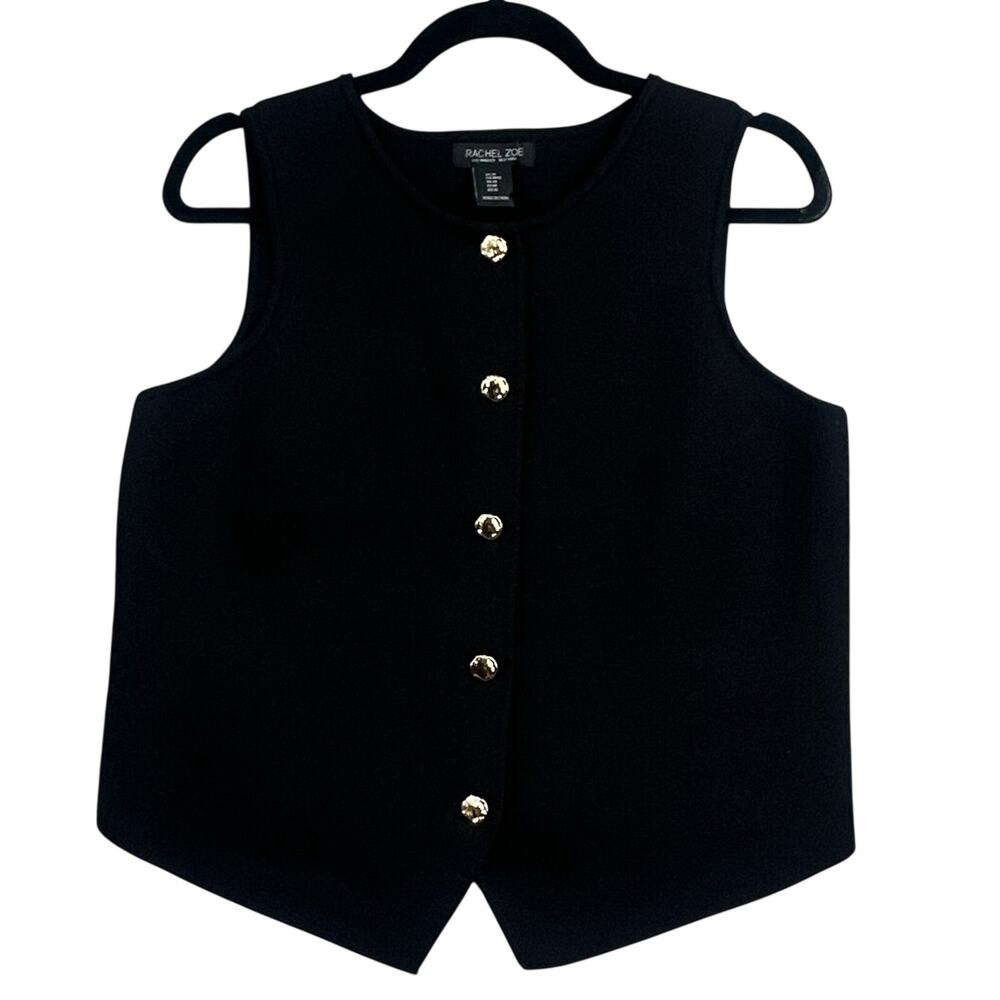 Rachel Zoe Minimalist Knit Vest M Black Gold Button Sleeveless Preppy Old Money